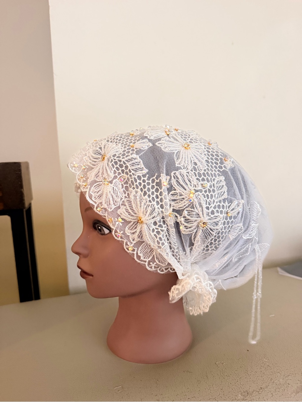 White Floral Lace Headscarf with Beaded Accents